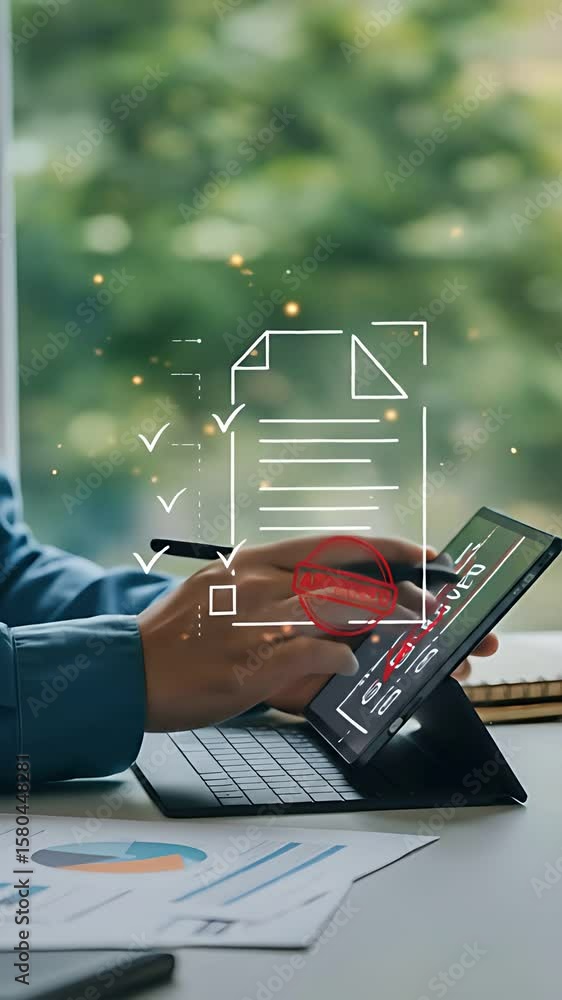 Aufkleber digital document approved: one man using tablet to approve with e-signature, marking checklist box, 