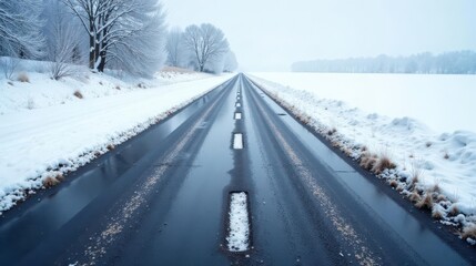 Obraz premium A solitary winter road stretches into a snowy horizon, showcasing a tranquil scene of nature's serenity and the quiet beauty of a cold season landscape.