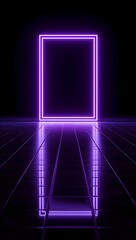 Purple neon square frame glowing on reflective floor abstract background design art