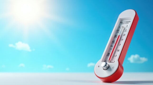 Red and white thermometer displays warm temperature against a vibrant blue sky with fluffy clouds and bright sunlight.