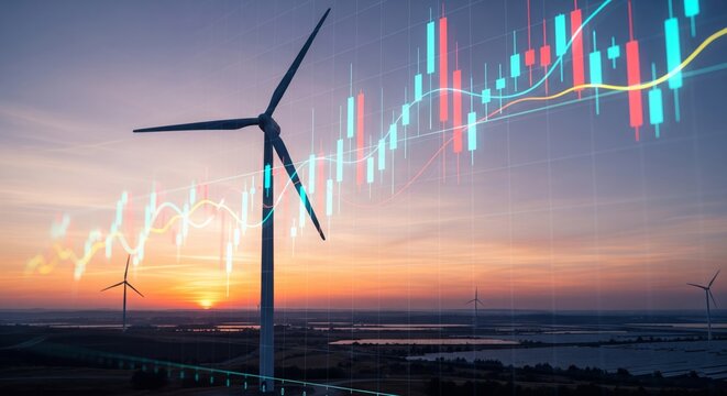 Clean Energy and Big Data Wind Turbine with Futuristic Financial Charts Overlay
