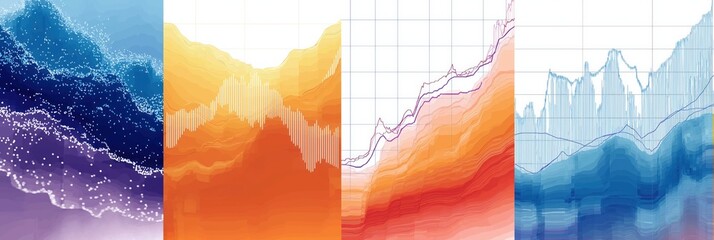 Abstract data visualization of colorful graphs and charts representing statistical trends