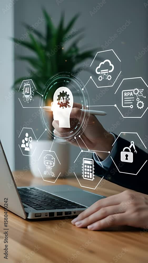 Poster ai integration concept: businessman visualizes artificial intelligence, rpa, cloud computing, and se