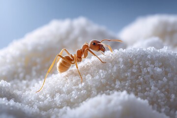 Close up of an ant on white sugar