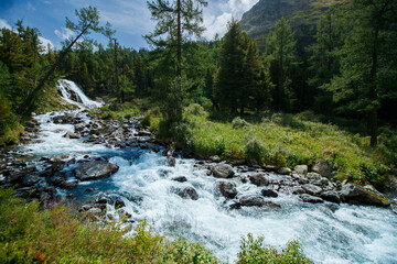 Landscape mountain river and lush forest with cascading waterfall