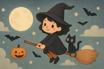 Charming witch flying night sky