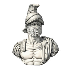 Obraz premium Roman warrior bust as ancient sculpture. Male statue in helmet on transparent background. Historical art for museum exhibit.