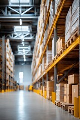 Fototapeta premium Spacious warehouse interior with stacked cardboard boxes on shelves