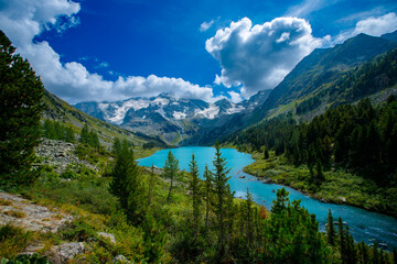 Landscape lake with snow capped mountains and lush greenery under blue sky