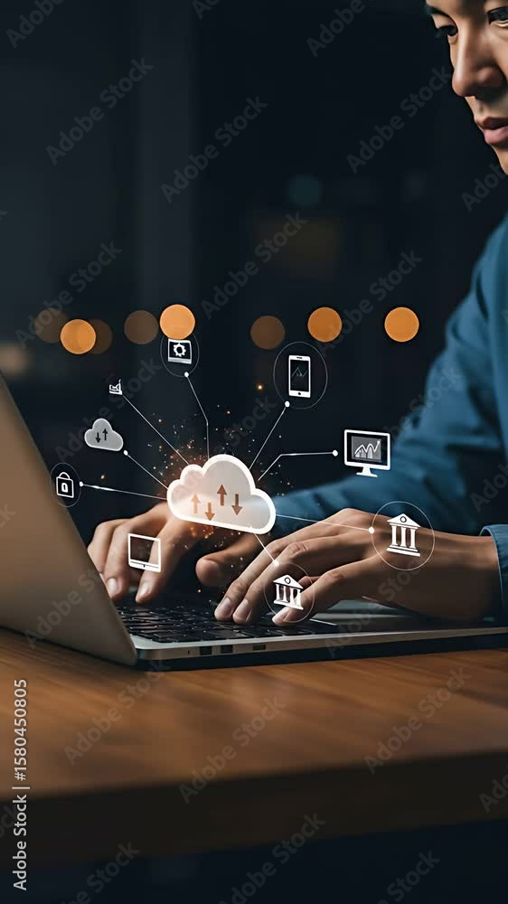 Poster cloud computing man: utilizing digital services through cloud storage on laptop, featuring connected