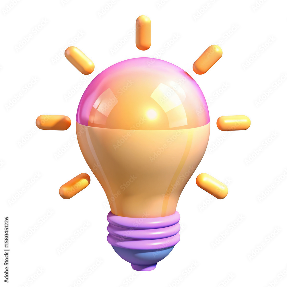 Poster 3d stylized light bulb with rays of light isolated on transparent background