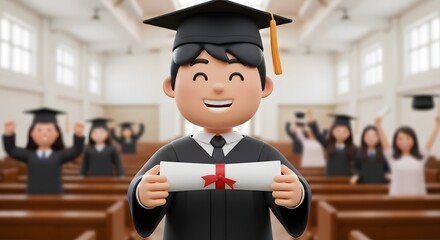 Happy Graduate Holding Diploma and Celebrating with Fellow Students in Graduation Ceremony