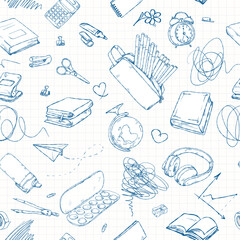Hand-drawn seamless doodle pattern on checkered paper with sketch-style illustrations of school supplies.