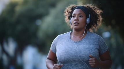An overweight Black woman (confident and strong) is jogging with an athletic stance, listening to energetic music through over-ear headphones. 