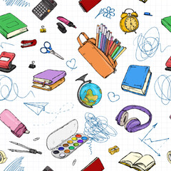 Hand-drawn seamless doodle pattern on checkered paper with sketch-style illustrations of school supplies.
