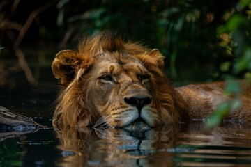 Lion peacefully resting in calm water surrounded by lush greenery