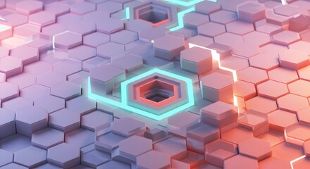Abstract Hexagonal Pattern with Neon Highlights and Dynamic Light Effects in a Futuristic Digital Space
