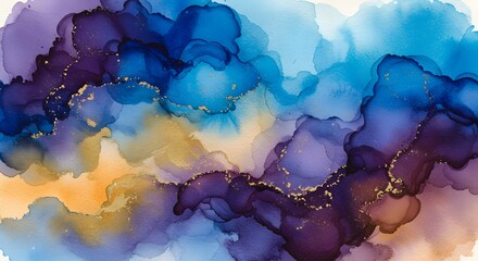 Abstract Watercolor Background with Smooth Blending of Blue, Purple and Gold Hues