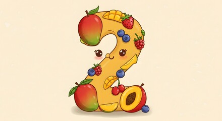Playful Number Two Surrounded by Colorful Fruits and Berries on a Creamy Background