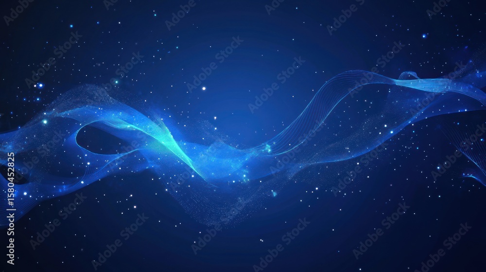 Poster abstract blue design with flowing lines and shimmering particles.