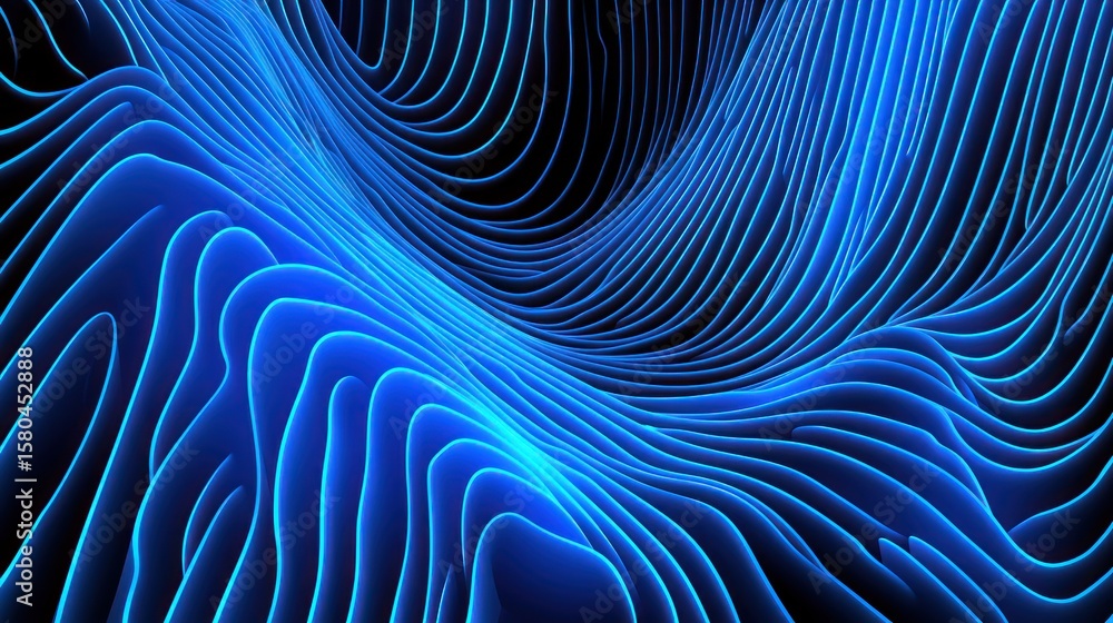 Poster abstract design of layered, undulating lines in deep blue.