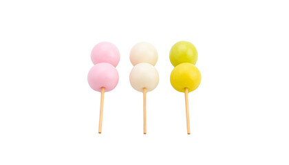 Three skewers of colorful, round Japanese dango sweets arranged in rows of yellow, green, white, and pink on wooden sticks. isolated on solid white background Png form