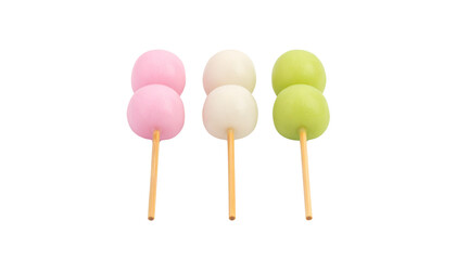 Three skewers of colorful, round Japanese dango sweets arranged in rows of yellow, green, white, and pink on wooden sticks. isolated on solid white background in Png format