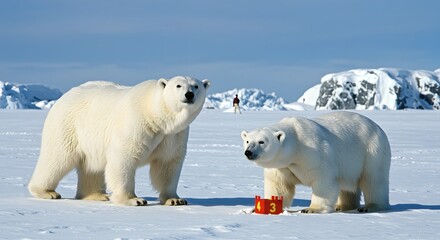 Two Polar Bears Observing a Red Object on the Snowy Ice Landscape in the Arctic Region