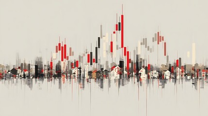 Abstract Cityscape Art with Red Black and White Buildings