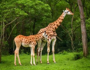 Obraz premium A giraffe with her baby in a beautiful green forest.