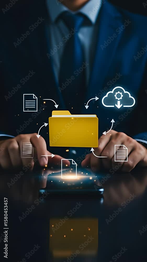 Poster data transfer security: businessman manages cloud storage and file sharing via secure mobile phone