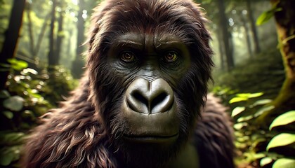 Obraz premium A close-up portrait of a gorilla staring intently from a lush, green forest.