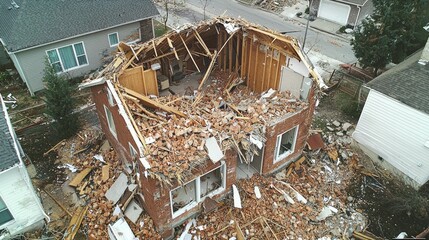 Aerial View of House Demolition Process and Debris