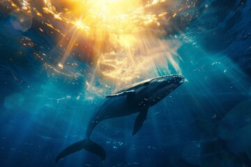 Majestic humpback whale gracefully navigating the deep blue ocean illuminated by golden sunlight