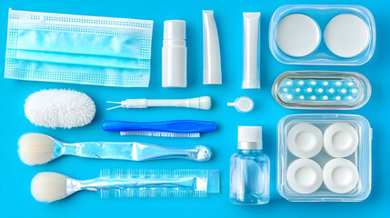 Obraz premium Flat lay of various personal care and hygiene items on a bright blue surface. Clean and organized
