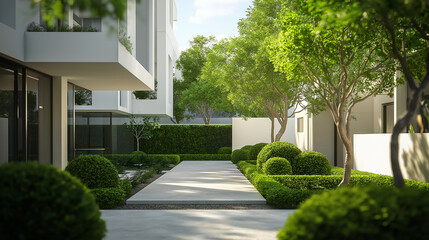 Obraz premium Garden path leading through a landscaped front yard with a house in the background