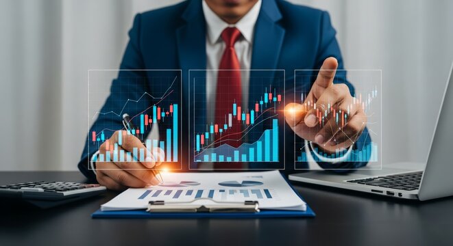 Financial Analyst Working with Digital Charts – Businessman Reviewing Bar, Candlestick, and Line Graphs - Powered by Adobe