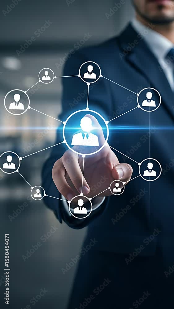 Poster network connection: businessman touches interactive hologram display with a social media contact map