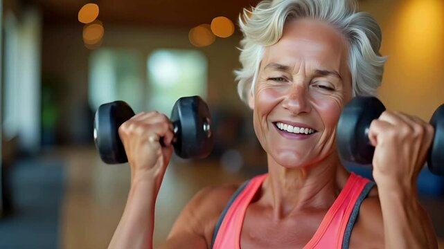 Active Senior Woman Lifting Weights at the Gym, Healthy Aging and Fitness