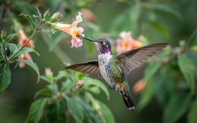 Fototapeta premium Hummingbird with iridescent feathers drinks nectar from a delicate pink and orange flower