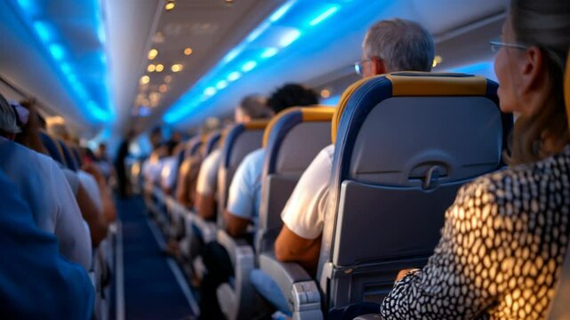 A realistic view inside the airplane cabin showing many passengers seated, with a warm color tone