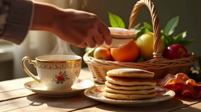 Warm Morning Tea, Pancakes, and Fruit in Rustic Setting