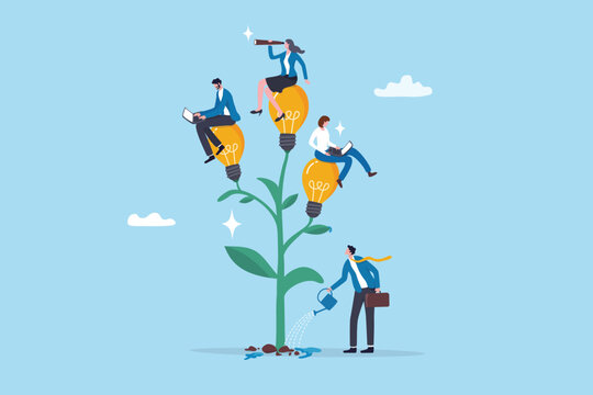 Career development planning, manager assist or coaching for career growth, mentor or support to help employee growing, improvement, businessman watering growing plant with employee career growth.