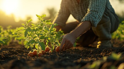 Farmer tending tomato plants at sunset
