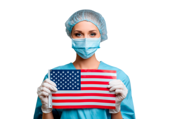 Healthcare professional holding american flag promoting national health awareness and patriotism on transparent background, PNG