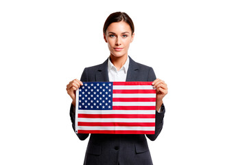 Confident businesswoman holding american flag - symbol of patriotism and leadership on transparent background, PNG