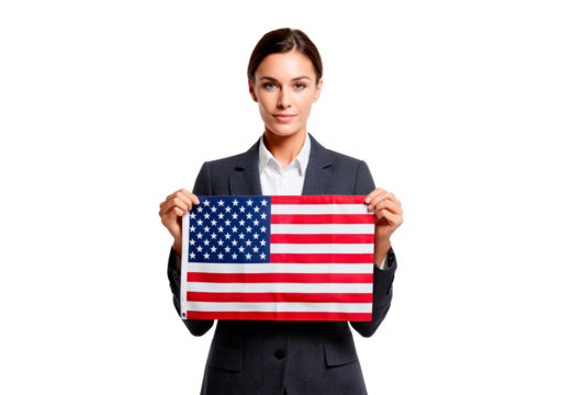 Confident businesswoman holding american flag - symbol of patriotism and leadership on transparent background, PNG