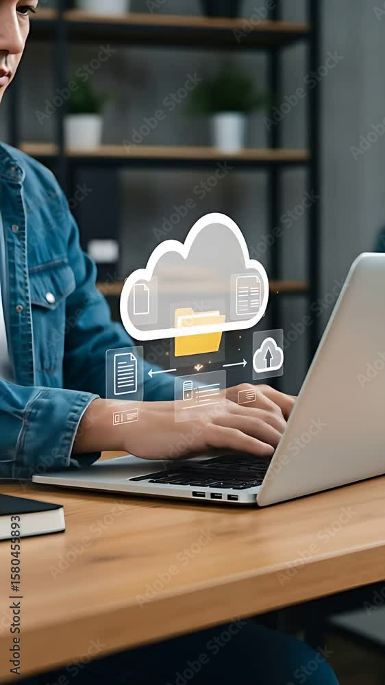 Poster digital transformation: millennial man working on cloud data management for document transfer on his