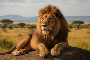 Obraz premium Majestic lion resting serenely.