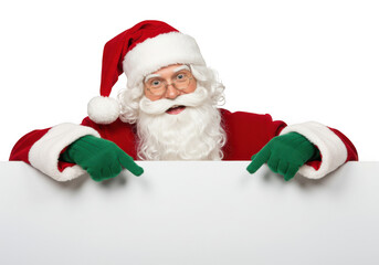 A jolly santa claus with a white beard and glasses points to a blank white sign, isolated on a transparent background, embodying the spirit of christmas